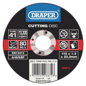 Draper Tools Flat Metal Cutting Wheels in a Box of 100 (115 x 22.2 x 1.0mm)