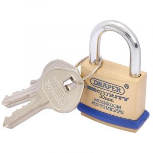 Draper Tools 30mm Solid Brass Padlock and 2 Keys with Mushroom Pin Tumblers Hardened Steel Shackle and Bumper