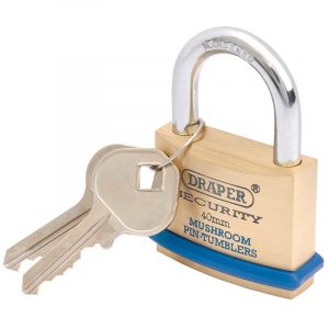 Draper Tools 40mm Solid Brass Padlock and 2 Keys with Mushroom Pin Tumblers Hardened Steel Shackle and Bumper