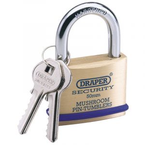 Draper Tools 21mm Solid Brass Padlock and 2 Keys with Mushroom Pin Tumblers Hardened Steel Shackle and Bumper