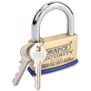 Draper Tools 60mm Solid Brass Padlock and 2 Keys with Mushroom Pin Tumblers Hardened Steel Shackle and Bumper