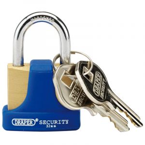 Draper Tools 32mm Solid Brass Padlock and 2 Keys with Hardened Steel Shackle and Bumper