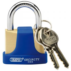Draper Tools 42mm Solid Brass Padlock and 2 Keys with Hardened Steel Shackle and Bumper