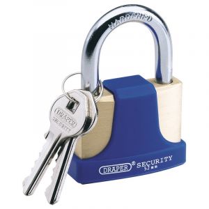 Draper Tools 52mm Solid Brass Padlock and 2 Keys with Hardened Steel Shackle and Bumper
