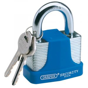 Draper Tools 65mm Laminated Steel Padlock and 2 Keys with Hardened Steel Shackle and Bumper