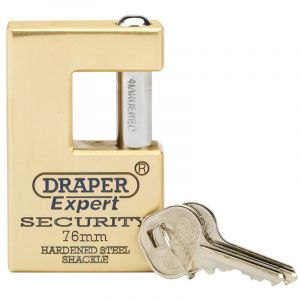 Draper Tools Expert 76mm Quality Close Shackle Solid Brass Padlock and 2 Keys with Hardened Steel Shackle
