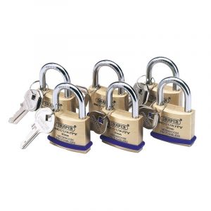 Draper Tools Pack of 6 x 40mm Solid Brass Padlocks with Hardened Steel Shackle