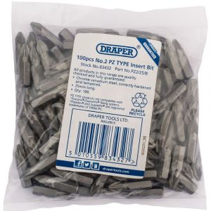 Draper Tools No.2 PZ TYPE 1/4 Insert Bits (Bag of 100)